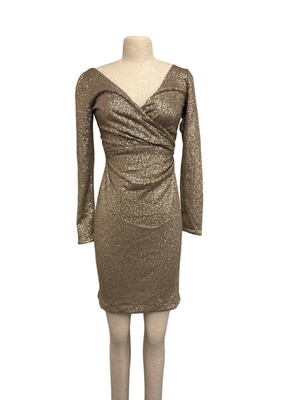 Aidan Mattox Gold Sequin Long Sleeve V-Neck Cocktail Dress Size 2